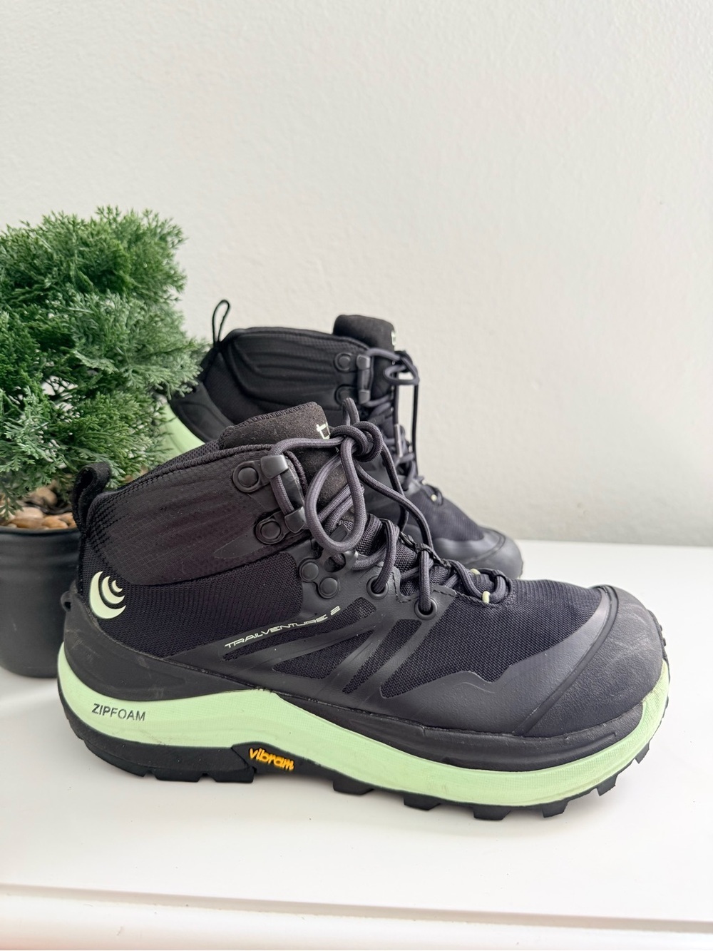 Topo Trailventure 2  Women size 6.5 Black & Lime Mid-Top Trail Running Shoes